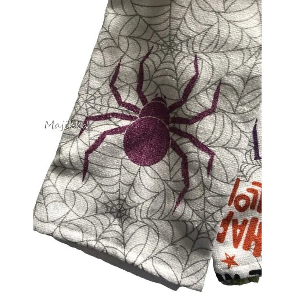 Tahari Happy Halloween Kitchen Dish Towels Purple Spider Webs Spooky Set of 2
